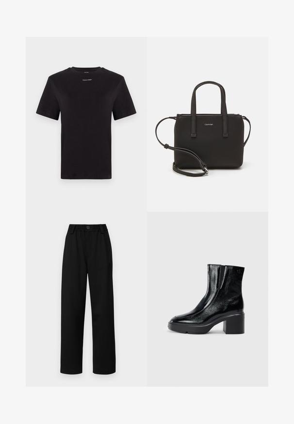Čierne bavlnené tričko s krátkymi rukávmi, klasickým výstrihom a malým bielym logom "Calvin Klein" na hrudi. Hladká textúra, klasický strih.; Čierne široké nohavice s textúrovaným pásom, so zapínaním na prednom gombíku a dvoma bočnými vreckami. Hladká tkanina a prispôsobený strih.; Čierne lakované členkové topánky s zakrivenou špičkou, elastickými bočnými panelmi a masívnym blokovým opätkom. S embosovaným logom na zadnej strane.; Čierna kabelka s dvojitými krátkymi rúčkami a odnímateľným ramenným popruhom. Hladký materiál podobný koži s uzatváraním na zips a detailom loga.