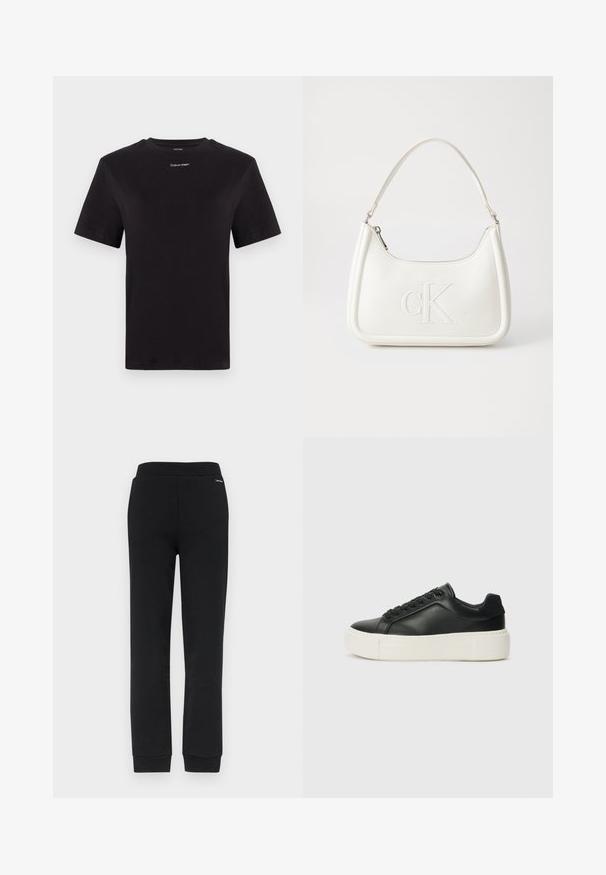 Μαύρη βαμβακερή μπλούζα με κοντά μανίκια, στρογγυλή λαιμόκοψη και λευκό μικρό λογότυπο "Calvin Klein" στο στήθος. Λείο ύφασμα, κλασική γραμμή.; Calvin Klein NANO LOGO  - Παντελόνι φόρμας - black; Μαύρο δερμάτινο sneaker με στρογγυλή μύτη, λευκή πλατφόρμα και μαύρους κορδόνες. Διαθέτει ένα διακριτικό λογότυπο στη φτέρνα και λεία υφή.; Λευκή δερμάτινη τσάντα χειρός με καμπυλωτό σχήμα, διαθέτει ανάγλυφο λογότυπο "CK" μπροστά και μία ενιαία λαβή ώμου. Κλείσιμο με φερμουάρ στην κορυφή.