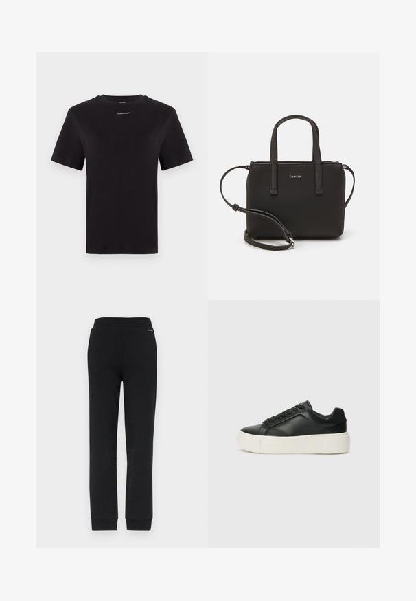 Juodas medvilninis marškinėliai trumpomis rankovėmis, apykaklė, su mažu baltu "Calvin Klein" logotipu krūtinėje. Lygus paviršius, klasikinis siluetas.; Calvin Klein NANO LOGO  - Treningo apatinė dalis - black; Juodas odinis sportbačių modelis su apvaliu priekiu, baltu platformos padu ir juodais raišteliais. Yra subtilus logotipas ant kulno ir glotni tekstūra.; Juoda rankinė su dviem trumpais rankenėlėmis ir nuimamu petį. Lygaus odos tipo medžiaga su užtrauktuku ir logotipo detale.