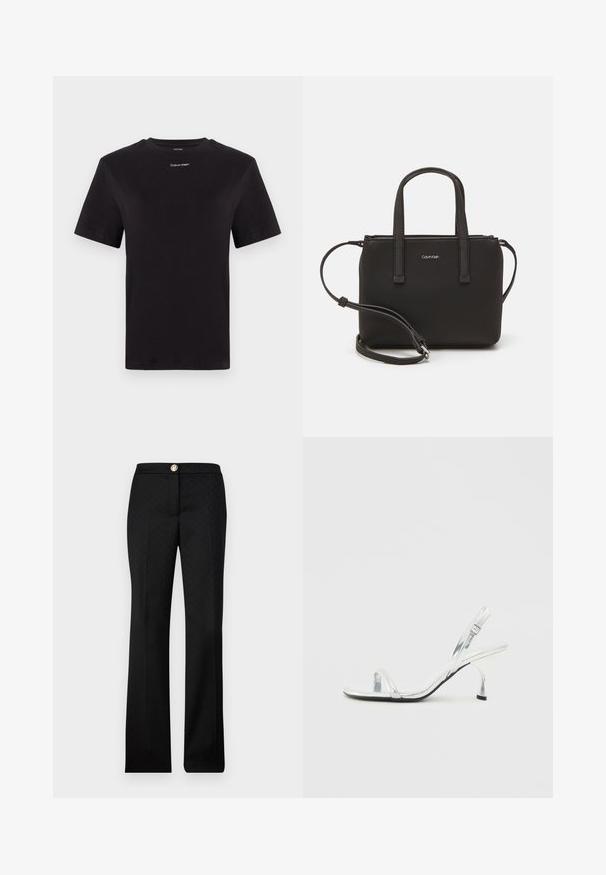 Čierne bavlnené tričko s krátkymi rukávmi, klasickým výstrihom a malým bielym logom "Calvin Klein" na hrudi. Hladká textúra, klasický strih.; Čierne oblekové nohavice s jemným geometrickým vzorom, rovný strih a predným zapínaním na gombík s kovovým akcentom.; Strieborné lakované kožené sandále na vysokom podpätku so štíhlym prstovým remienkom, nastaviteľnou sponou a štíhlym podpätkom.; Čierna kabelka s dvojitými krátkymi rúčkami a odnímateľným ramenným popruhom. Hladký materiál podobný koži s uzatváraním na zips a detailom loga.