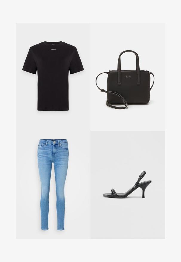 Musta puuvillapaita lyhyillä hihoilla, pyöreä pääntie ja pieni valkoinen "Calvin Klein" -logo rinnassa. Silkkinen pinta, klassinen istuvuus.; Vaaleansiniset skinny-farkut, jotka on valmistettu denimistä. Niissä on viisi taskua, nappisuljenta ja kangassa on mietoa kulutusta.; Mustat nahkaiset korkokengät, joissa on hoikka, kaareva korko ja ristiin menevä hihnadesign. Säädettävä nilkkahihna. Silkkinen pinta.; Musta käsilaukku, jossa on kaksinkertaiset lyhyet kahvat ja irrotettava olkahihna. Silkkinen nahkatunneinen materiaali, jossa on vetoketjukiinnitys ja logoyksityiskohta.