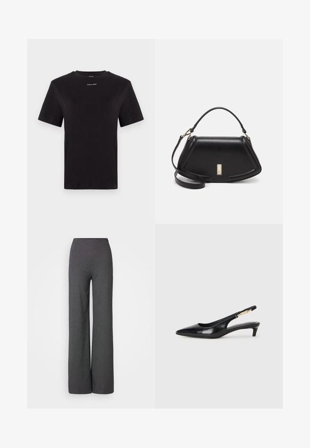 Black cotton t-shirt with short sleeves, crew neck, and small white "Calvin Klein" logo at the chest. Smooth texture, classic fit.; Gray wide-leg trousers with a high waistband, made from a textured material, featuring a clean, minimalist design and full-length cut.; Black leather slingback heels with a pointed toe, featuring a slim heel and a gold-tone accent on the adjustable strap. Smooth texture.; Black leather handbag with a structured design, featuring a cropped shape, top handle, and gold hardware accent. Adjustable shoulder strap included.