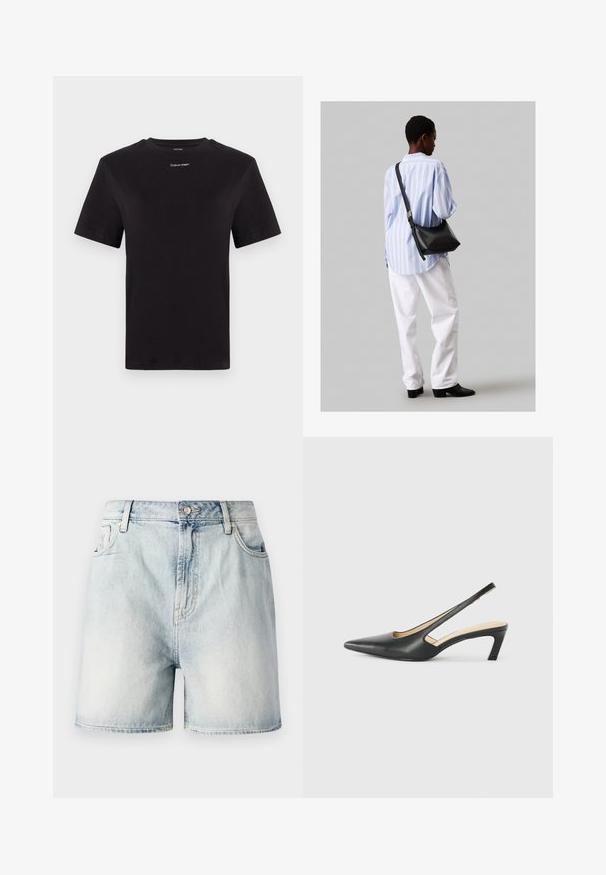 Melna kokvilnas T-kreklu ar īsām piedurknēm, apaļu kakla izgriezumu un nelielu baltu "Calvin Klein" logotipu krūtīs. Gluda tekstūra, klasiskā piegriezuma.; Gaiši zili džinsaeši ar pogu slēgšanu, piecām kabatām un nodilušu tekstūru. Taisnas griezuma ar klasisku dizainu.; Melna, ar smailu purngalu, slingback kurpe ar zemu papēdi, izgatavota no gludas ādas materiāla un ar izgriezumiem sānos gaisa caurlaidībai.; Melna ādas plecu soma ar mīkstu tekstūru, trīsstūra formu un regulējamu siksnu, apvienota ar gaiši zilu svītrotu krekli un baltām biksēm.