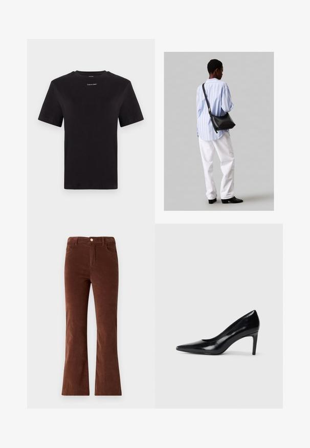 Melna kokvilnas T-kreklu ar īsām piedurknēm, apaļu kakla izgriezumu un nelielu baltu "Calvin Klein" logotipu krūtīs. Gluda tekstūra, klasiskā piegriezuma.; Brūni kordūra flared bikses ar vidēja pacēluma jostu, aprīkotas ar pogu aizdari un divām priekšējām kabatām. Gluda tekstūra un vienmērīga krāsa.; Melnas ādas augstpapēžu kurpes ar norādītu purngali, gludu tekstūru un šauru papēdi. Minimālistisks dizains, bez papildu rotājumiem.; Melna ādas plecu soma ar mīkstu tekstūru, trīsstūra formu un regulējamu siksnu, apvienota ar gaiši zilu svītrotu krekli un baltām biksēm.