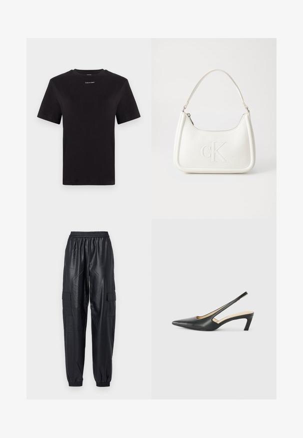 T-shirt in cotone nero con maniche corte, colletto a girocollo e piccolo logo bianco "Calvin Klein" sul petto. Texture liscia, vestibilità classica.; Pantaloni cargo neri realizzati in materiale sintetico lucido, con vita elastica, polsini tapered e due tasche cargo laterali.; Scarpa slingback nera con punta affilata e tacco basso, realizzata in pelle liscia e con un design a taglio laterale per favorire la traspirabilità.; Borsa a tracolla in pelle bianca con forma curva, dotata di un logo "CK" impresso sul davanti e una singola tracolla. Chiusura a zip nella parte superiore.