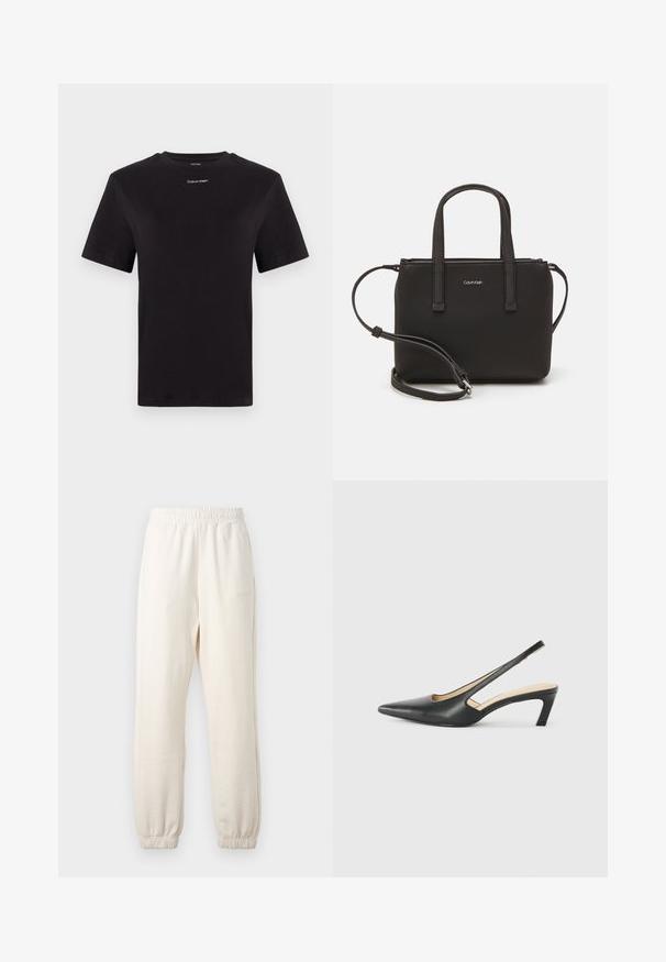 Črna bombažna majica s kratkimi rokavi, okroglim izrezom in majhnim belim logotipom "Calvin Klein" na prsih. Gladka tekstura, klasičen kroj.; Kremne hlače za prosti čas iz mehkega materiala, z elastičnim pasom in rebrastimi manšeti. Diskretna logotipna podrobnost na strani.; Črne čevlje s koničastimi nosovi in slingback obliko z nizko peto, izdelane iz gladke usnjene materiale ter s črtasto zasnovo na strani za prezračevanje.; Črna torbica z dvema kratkima ročajema in odstranljivim naramnim trakom. Gladek usnju podoben material z zadrgo in podrobnostmi z logotipom.