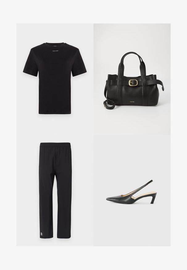 T-shirt noir en coton à manches courtes, col rond, avec un petit logo blanc "Calvin Klein" sur la poitrine. Texture lisse, coupe classique.; Pantalon de sport noir avec une ceinture élastique, une coupe droite, une texture lisse et un petit logo en bas à gauche de l'ourlet.; Slingback noir à bout pointu avec un petit talon, en cuir lisse et doté d'un design découpé sur le côté pour plus de respirabilité.; Sac à main en cuir noir présentant un design structuré, deux poignées supérieures, un accent de boucle en ton doré et un logo de la marque en relief à l'avant.