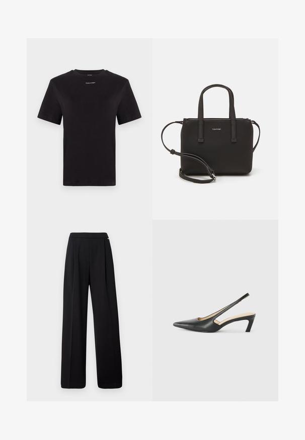Črna bombažna majica s kratkimi rokavi, okroglim izrezom in majhnim belim logotipom "Calvin Klein" na prsih. Gladka tekstura, klasičen kroj.; Črne široke hlače iz gladkega materiala, s preprostim dizajnom in elastičnim pasom, brez vidnih vzorcev ali okraskov.; Črne čevlje s koničastimi nosovi in slingback obliko z nizko peto, izdelane iz gladke usnjene materiale ter s črtasto zasnovo na strani za prezračevanje.; Črna torbica z dvema kratkima ročajema in odstranljivim naramnim trakom. Gladek usnju podoben material z zadrgo in podrobnostmi z logotipom.