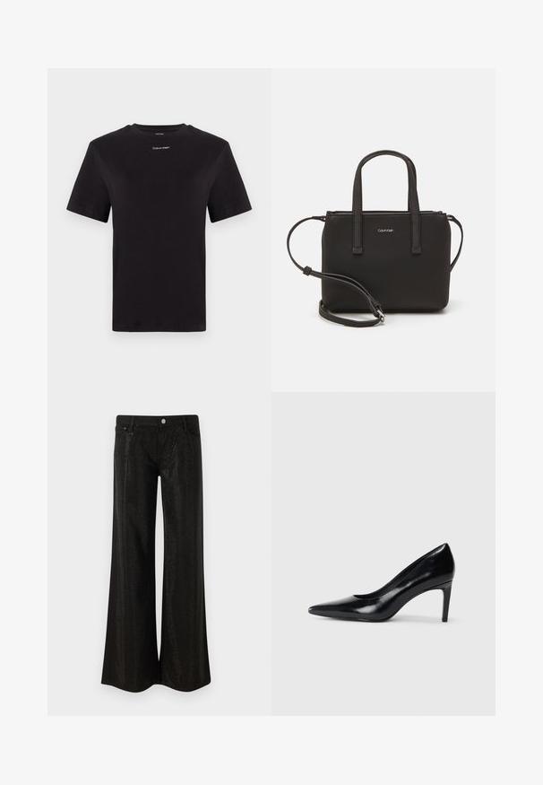 Črna bombažna majica s kratkimi rokavi, okroglim izrezom in majhnim belim logotipom "Calvin Klein" na prsih. Gladka tekstura, klasičen kroj.; Črne široke jeans hlače z gladko teksturo tkanine, ki imajo perforirane detajle, gumbno zapiranje ter sprednje žepke.; Črna usnjena črna čevlja na visokem petu z zašiljenim prstom, gladko teksturo in zoženim peto. Minimalističen dizajn, brez dodatnih okraskov.; Črna torbica z dvema kratkima ročajema in odstranljivim naramnim trakom. Gladek usnju podoben material z zadrgo in podrobnostmi z logotipom.