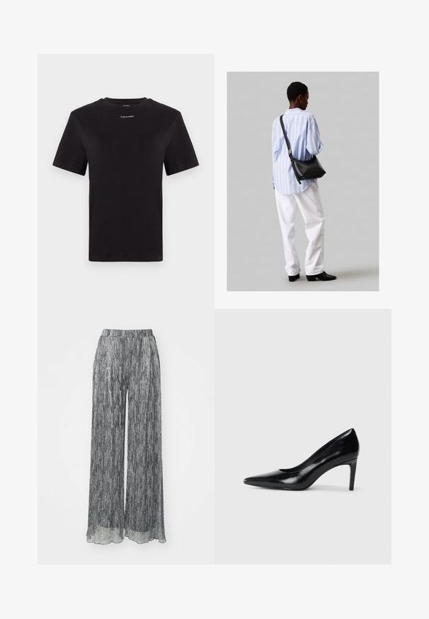 Sort bomulds t-shirt med korte ærmer, rund halsudskæring og lille hvid "Calvin Klein" logo på brystet. Glat tekstur, klassisk pasform.; Sorte og hvide bukser med vidde og plisseret tekstur, elastisk talje og gennemsigtig kant. Stoffet har lodrette striber.; Sort læder højhælede sko med spids tå, glat tekstur og en taperet hæl. Minimalistisk design uden yderligere udsmykninger.; Sort læder skuldertaske med en blød tekstur, trekantet form og justerbar strop, kombineret med en lyseblå stribet skjorte og hvide bukser.