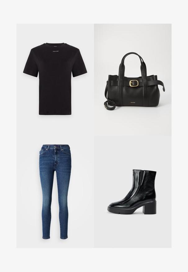 Juodas medvilninis marškinėliai trumpomis rankovėmis, apykaklė, su mažu baltu "Calvin Klein" logotipu krūtinėje. Lygus paviršius, klasikinis siluetas.; Aukšto liemens, siaurėjančios mėlynos džinsų kelnės, pagamintos iš denimo. Yra klasikinis penkių kišenių dizainas, užtrauktukas ir šiek tiek išblukusi priekinė dalis.; Juodi lakiniai auliniai batai iki kulkšnies, su išlenktu pirštu, elastinėmis šoninėmis panelėmis ir masyviu blokuotu kulnu. Apdailoje užpakalinėje dalyje įspaustas logotipas.; Juodas odinis rankinės maišas su struktūrizuotu dizainu, dviem viršutinėmis rankenomis, auksinės spalvos sagtimi ir iškilniu prekės ženklu priekyje.