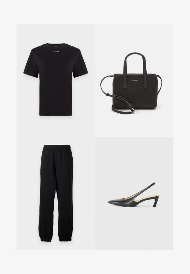 Juodas medvilninis marškinėliai trumpomis rankovėmis, apykaklė, su mažu baltu "Calvin Klein" logotipu krūtinėje. Lygus paviršius, klasikinis siluetas.; Juodos sportinės kelnės, pagamintos iš minkštos medžiagos, su elastingu liemeniu ir elastingomis rankovėmis ties kulkšnimis, be matomų raštų ar kišenių.; Juodas smailus slingback batelis su žemu kulnu, pagamintas iš lygaus odos paviršiaus ir su išpjovomis šone, užtikrinančiomis oro pralaidumą.; Juoda rankinė su dviem trumpais rankenėlėmis ir nuimamu petį. Lygaus odos tipo medžiaga su užtrauktuku ir logotipo detale.