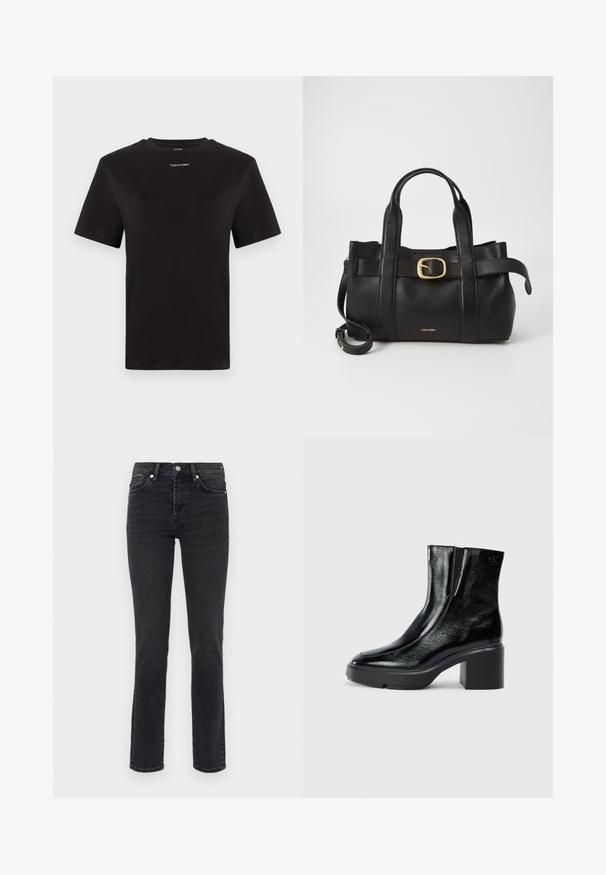Camiseta de algodón negra con mangas cortas, cuello redondo y pequeño logo blanco de "Calvin Klein" en el pecho. Textura suave, corte clásico.; Jeans de denim negros ajustados con una cintura de altura media, diseño clásico de cinco bolsillos y un ligero desgaste a lo largo de las piernas.; Botas de tobillo de charol negro con puntera curva, paneles laterales elásticos y un tacón ancho. Presentan un logo embosado en la parte posterior.; Bolso de cuero negro con un diseño estructurado, doble mango superior, detalle de hebilla en tono dorado y logo de la marca grabado en la parte frontal.