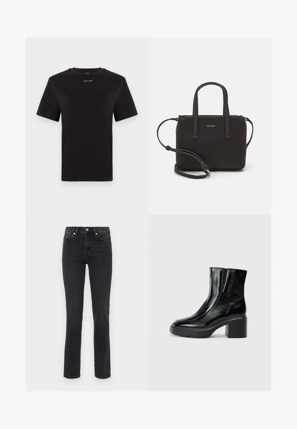Črna bombažna majica s kratkimi rokavi, okroglim izrezom in majhnim belim logotipom "Calvin Klein" na prsih. Gladka tekstura, klasičen kroj.; Slim-fit črne kavbojke z zmerno visokim pasom, klasičnim petim žepom in rahlim bledenjem ob nogah.; Črne lakirane gležnjarje z ukrivljenim nosom, elastičnimi stranskimi paneli in debelim blokastim peto. Imajo vtisnjen logotip na zadnjem delu.; Črna torbica z dvema kratkima ročajema in odstranljivim naramnim trakom. Gladek usnju podoben material z zadrgo in podrobnostmi z logotipom.