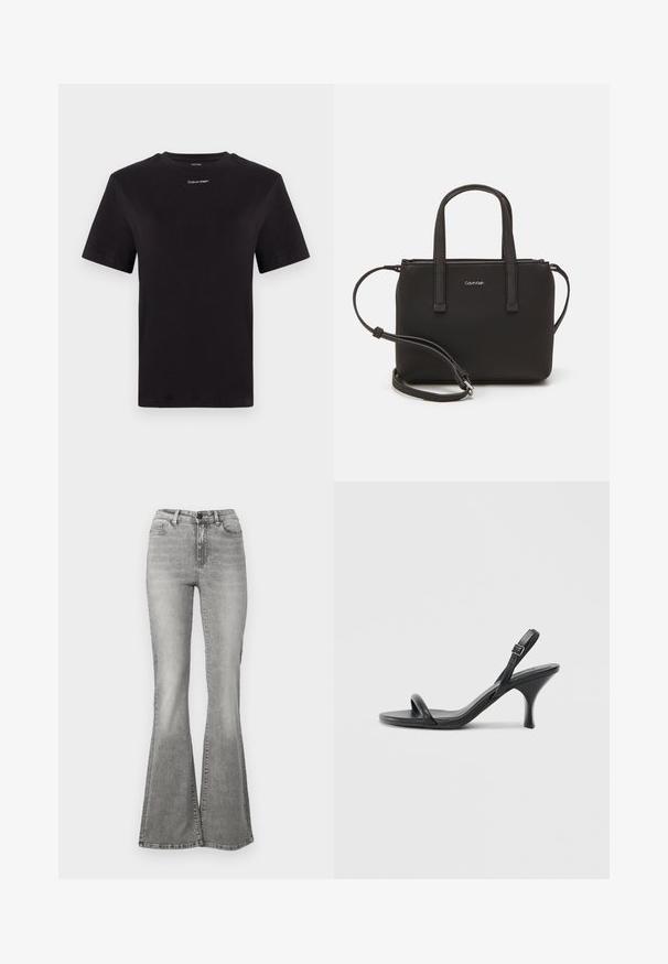 Svart bomulls t-shirt med korta ärmar, rund halsringning och liten vit "Calvin Klein" logotyp vid bröstet. Slät textur, klassisk passform.; Grå utsvängda jeans i denim med hög midja, framfickor och en blekningseffekt. Sömmen är något bredare, vilket ger en utsvängd form.; Svarta läder högklackade sandaler med en smal, böjd klack och ett korsat remdesign. Justerbar ankelrem. Slät textur.; Svart handväska med dubbla korta handtag och ett avtagbart axelband. Slät läderliknande material med dragkedjestängning och logodetalj.