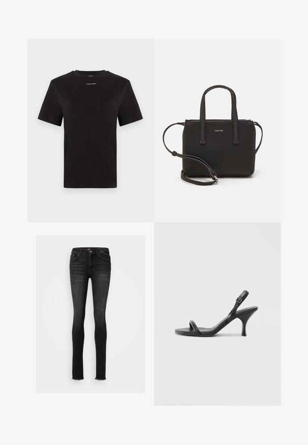 Črna bombažna majica s kratkimi rokavi, okroglim izrezom in majhnim belim logotipom "Calvin Klein" na prsih. Gladka tekstura, klasičen kroj.; Črne skinny jeans hlače iz denima, ki imajo raztrgan rob, pet žepov in sprednje zapiranje na gumb z zankami za pas.; Črne usnjene visoke sandale s tankim, ukrivljenim petam in obliko križanih trakov. Nastavljiv trak okoli gležnja. Gladka tekstura.; Črna torbica z dvema kratkima ročajema in odstranljivim naramnim trakom. Gladek usnju podoben material z zadrgo in podrobnostmi z logotipom.
