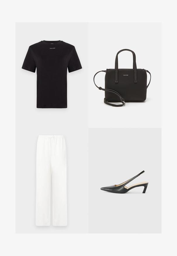 Sort bomulds t-shirt med korte ærmer, rund halsudskæring og lille hvid "Calvin Klein" logo på brystet. Glat tekstur, klassisk pasform.; Hvide, brede bukser lavet af letvægtsstof med elastisk talje og snorelukning. Glat overflade, ingen synlige mønstre eller hardware.; Sorte spidse slingback-sko med en lav hæl, lavet af glat læder og med udskæringer på siden for åndbarhed.; Sort håndtaske med to korte håndtag og en aftagelig skulderrem. Glat læderagtigt materiale med lynlåslukning og logo detaljer.