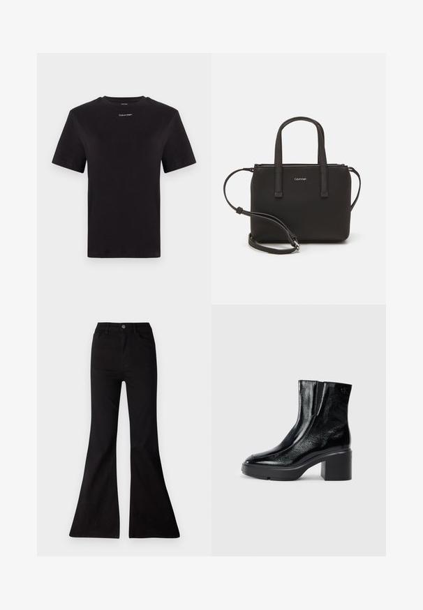 Črna bombažna majica s kratkimi rokavi, okroglim izrezom in majhnim belim logotipom "Calvin Klein" na prsih. Gladka tekstura, klasičen kroj.; Črne široke kavbojke iz denima, z visokim pasom, sprednjimi žepi in velikim odprtjem na robovih za širok kroj.; Črne lakirane gležnjarje z ukrivljenim nosom, elastičnimi stranskimi paneli in debelim blokastim peto. Imajo vtisnjen logotip na zadnjem delu.; Črna torbica z dvema kratkima ročajema in odstranljivim naramnim trakom. Gladek usnju podoben material z zadrgo in podrobnostmi z logotipom.