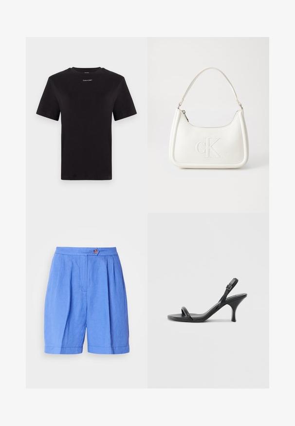 Svart bomull T-skjorte med korte ermer, rund hals og liten hvit "Calvin Klein" logo på brystet. Glatt tekstur, klassisk passform.; Blå linskjorter med folder, knappelukking og rett snitt. Har en glatt tekstur og en søm som faller over kneet.; Sorte skinnhøye hæler med en slank, buet hæl og et kryssrem-design. Justerbar ankelrem. Glatt tekstur.; Hvit lærveske med en buet fasong, med et preget "CK"-logo på forsiden og en enkel skulderstropp. Glidelåslukking på toppen.