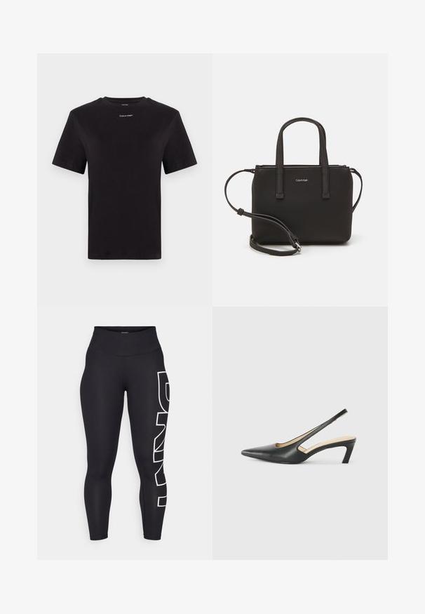 Sort bomulds t-shirt med korte ærmer, rund halsudskæring og lille hvid "Calvin Klein" logo på brystet. Glat tekstur, klassisk pasform.; Sorte leggings lavet af strækbart stof med høj talje. Har et stort hvidt logo trykt lodret på venstre ben. Glat tekstur.; Sorte spidse slingback-sko med en lav hæl, lavet af glat læder og med udskæringer på siden for åndbarhed.; Sort håndtaske med to korte håndtag og en aftagelig skulderrem. Glat læderagtigt materiale med lynlåslukning og logo detaljer.