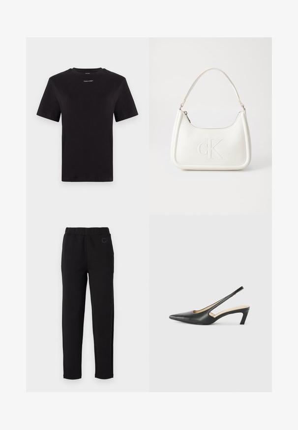 Tricou negru din bumbac, cu mâneci scurte, gât rotund și un mic logo alb "Calvin Klein" pe piept. Textură netedă, croială clasică.; Pantaloni de jogging negri cu talie elastică, fabricați dintr-un material moale. Prezintă un logo subtil "CK" pe partea din față. Design cu picioare drepte.; Pantof cu toc mic, cu vârf ascuțit și slingback, realizat din piele netedă, având un design decupat pe lateral pentru respirabilitate.; Geantă de umăr din piele albă cu formă curbată, având un logo "CK" embosat pe partea din față și un singur braț de umăr. Închidere cu fermoar în partea de sus.