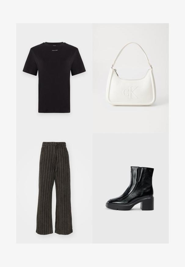 Melna kokvilnas T-kreklu ar īsām piedurknēm, apaļu kakla izgriezumu un nelielu baltu "Calvin Klein" logotipu krūtīs. Gluda tekstūra, klasiskā piegriezuma.; Platas kājas bikses tumši pelēkā audumā ar baltām vertikālām svītrām. Iezīmē augstu jostasvietu un savelkamu jostu. Iekļautas sānu kabatas.; Melnas lakotas ādas potītes zābaki ar izliekto purngalu, elastīgām sānu paneļiem un masīvu blokveida papēdi. Aizmugurē ir izsistā logo.; Balta ādas rokassoma ar noapaļotu formu, uz kuras priekšpuses ir izgriezts "CK" logo un viena plecu siksna. Augšā aizverama ar rāvējslēdzēju.
