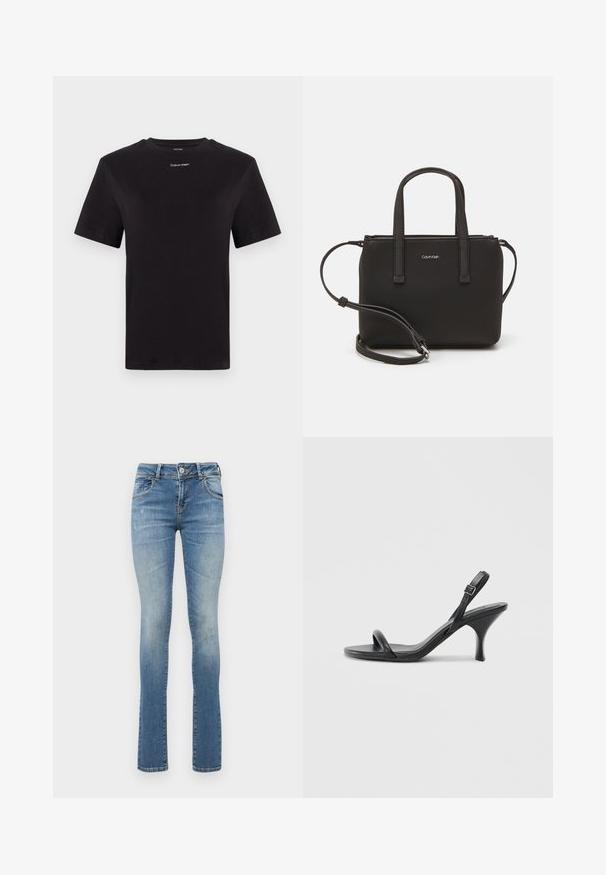 Musta puuvillapaita lyhyillä hihoilla, pyöreä pääntie ja pieni valkoinen "Calvin Klein" -logo rinnassa. Silkkinen pinta, klassinen istuvuus.; Vaaleansinisiä farkkuja, joissa on kapea malli, hillitty kulutus ja lievä bootcut-helma. Kuten perinteisessä viidessä taskussa, myös napitus on mukana.; Mustat nahkaiset korkokengät, joissa on hoikka, kaareva korko ja ristiin menevä hihnadesign. Säädettävä nilkkahihna. Silkkinen pinta.; Musta käsilaukku, jossa on kaksinkertaiset lyhyet kahvat ja irrotettava olkahihna. Silkkinen nahkatunneinen materiaali, jossa on vetoketjukiinnitys ja logoyksityiskohta.