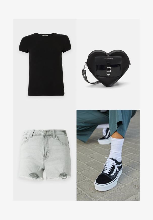 Musta lyhythihainen t-paita, jossa on pyöreä kaula-aukko, valmistettu sileästä puuvillakankaasta. T-paidassa on yksinkertainen muotoilu, eikä siinä ole näkyviä kuvioita tai yksityiskohtia.; Vaaleanharmaat farkkushortsit, joissa on korkea vyötärö, kulutettuja yksityiskohtia ja repsottavat reunat, sekä kaksi etutaskua. Kangas vaikuttaa pehmeältä ja kuluneelta.; Mustat mokkakengät valkoisilla yksityiskohdilla ja nauhoilla, joissa on paksu valkoinen pohja ja kontrastivärinen ommel, yhdistettynä valkoiseen sukkaan.; Mustan sydämenmuotoisen laukun, joka on valmistettu lakatun nahasta, etupussissa on solki sulkeminen ja irrotettava hihna. Hopeiset kivetekstit.