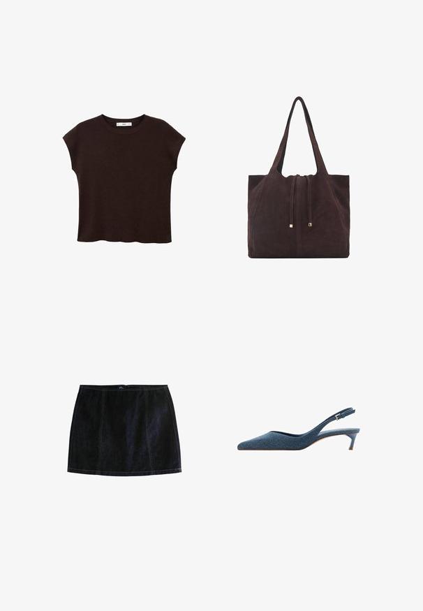 Brun kortärmad topp med rund hals, tillverkad av strukturerad tyg. Har en avslappnad passform och en lätt scalloperad fåll. Ren, minimalistisk design.; Mörk denim minikjol med kontrasterande gul sömnad, en figurnära silhuett och dragkedjestängning. Klassisk femficksdesign.; Jeans slingbackklackar med spetsig tå och en låg, smal klack. Har ett strukturerat tyg i mörkblått och en glatt, strömlinjeformad design.; Mango Shoppingväska - dark brown