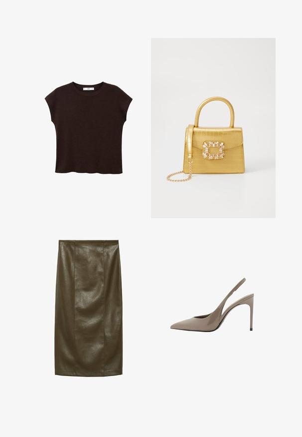 Top scurt, maro, cu mânecă scurtă și guler rotund, realizat dintr-un material texturat. Prezintă o croială lejeră și un tiv ușor ondulat. Design curat și minimalist.; Fustă creion din piele ecologică verde măslin, cu o textură netedă, până la genunchi, având cusături verticale pentru un aspect ajustat.; Pantofi cu toc înalt slingback din piele patent bej, cu vârful ascuțit și un design elegant, având un toc subțire și un detaliu decupat pe lateral.; Geantă galbenă din faux-crocodil cu un design structurat, mână superioară, curea detașabilă cu lanț și embellisment decorativ cu cristale pe închidere.