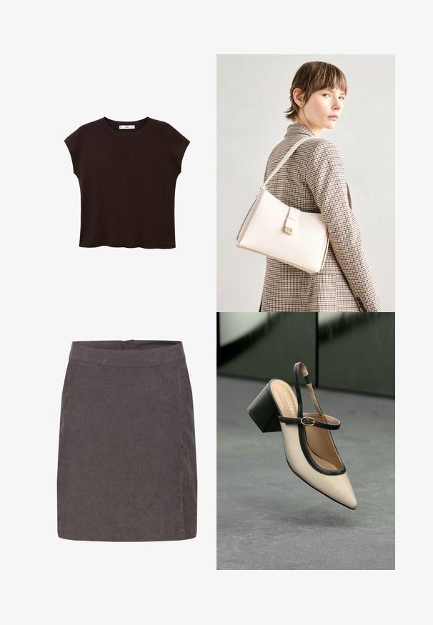 Top scurt, maro, cu mânecă scurtă și guler rotund, realizat dintr-un material texturat. Prezintă o croială lejeră și un tiv ușor ondulat. Design curat și minimalist.; Kaffe VERA - Fustă în formă de A - major brown c; Pantof divers în nuanță bej, cu vârf ascuțit, curea de susținere în spate, cu margine neagră, cataramă aurie și toc gros pe un podea gri, cu un fundal verde închis.; Geantă de mână din piele albă cu un design structurat, având o închidere magnetică și un breteau, expusă pe un fundal neutru.