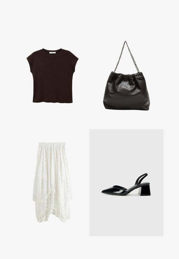 Brown short-sleeve top with a round neck, made of textured fabric. Features a relaxed fit and a slightly scalloped hem. Clean, minimalist design.; White lace skirt with a layered design, elastic waistband, floral patterns, and scalloped hem. Lightweight, semi-transparent material.; Black patent leather slingback heels with a pointed toe and a geometric block heel. Features a sleek, minimal design and smooth texture.; Brown leather bag with a gathered top and a chain strap. Smooth texture with a glossy finish and subtle seam detailing on the sides.