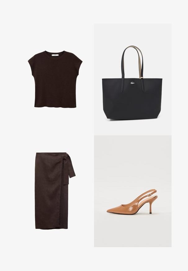 Top scurt, maro, cu mânecă scurtă și guler rotund, realizat dintr-un material texturat. Prezintă o croială lejeră și un tiv ușor ondulat. Design curat și minimalist.; Fustă din in maro, cu talie legată, siluetă dreaptă și detalii cu margine desfăcută. Textură moale și design până la podea.; Pantofii cu toc slingback, cu vârful ascuțit, dintr-un material tan neted și strălucitor. Prezintă un design cu decupaj curbat și un toc subțire stil stiletto. Detaliu cu cataramă argintie.; Geantă tote neagră cu o formă structurată, realizată din material texturat, având două mânere lungi și un mic logo argintiu pe partea din față.