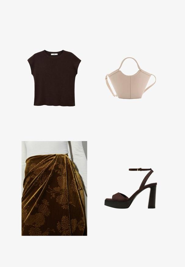 Maglietta corta marrone a maniche corte con scollatura rotonda, realizzata in tessuto strutturato. Presenta una vestibilità rilassata e un orlo leggermente ondulato. Design pulito e minimalista.; Gonna in velluto marrone con motivo floreale, caratterizzata da pieghe e un design drappeggiato. La superficie testurizzata esalta i dettagli ornati.; Sandal in camoscio marrone con tacco alto, punta aperta, cinturino alla caviglia regolabile e suola a piattaforma striata.; Borsa in pelle beige con una forma unica, caratterizzata da due manici corti e una lunga tracolla regolabile. Texture liscia con hardware minimale.