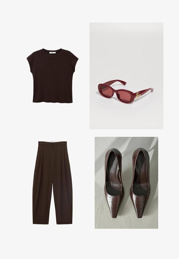 Hnedý krátky rukáv top s okrúhlym výstrihom, vyrobený z textúrovanej tkaniny. Má voľný strih a mierne zúžený lem. Čistý, minimalistický dizajn.; Hnedé nohavice s vysokým pásom a skladaním, vyrobené z hladkej tkaniny. Voľný strih, rovný strih nohavíc, s pútkami na opasok a so zipsom.; Hnedé lakované vysoké podpätky s špicatou špičkou, s krokodílovou textúrou a hladkým vnútrom. Navrhnuté pre štíhly vzhľad.; Červené plastové slnečné okuliare s obdĺžnikovým rámom, tónovanými sklami a zlatým logom na stranách. Hladký, lesklý povrch.; Čierna kožená kabelka na rameno s hladkým povrchom, zakriveným tvarom a jedným nastaviteľným popruhom s kultivovaným zlatým kovom a značkovým akcentom.
