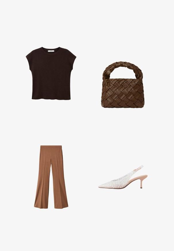 Brun kortärmad topp med rund hals, tillverkad av strukturerad tyg. Har en avslappnad passform och en lätt scalloperad fåll. Ren, minimalistisk design.; Bruna vida byxorna med en mjuk textur, med hög midja, två framfickor och en rak kant vid nederkanten.; Spetsig slingback-sko i genomskinligt material, prydd med vita och iriserande pärlor, med låg klack och accentfärg i nudeton.; Brun flätad läderhandväska med ett flätat handtag, rektangulär form, strukturerad yta och sömlös konstruktion.