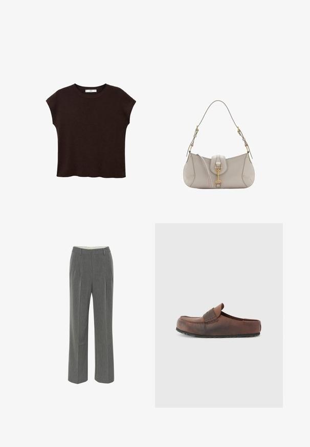 Hnědý top s krátkým rukávem a kulatým výstřihem, vyrobený z texturované tkaniny. Má uvolněný střih a mírně vlnitý lem. Čistý, minimalistický design.; Šedé pruhované kalhoty se zvýrazněným střihem, plochým předním dílem a širokým střihem nohavic. Vyrobené z hladké, lehké látky.; Hnědá kožená nazouvací bota s kulatou špičkou, dekoračním prošitím a texturovanou gumovou podrážkou. Jednoduchý design a minimální akcenty.; Světlé šedé kožené kabelky s zakřiveným tvarem, zlatými kovovými doplňky, předním claspem a prošívanými detaily. Součástí je nastavitelný ramenní popruh.