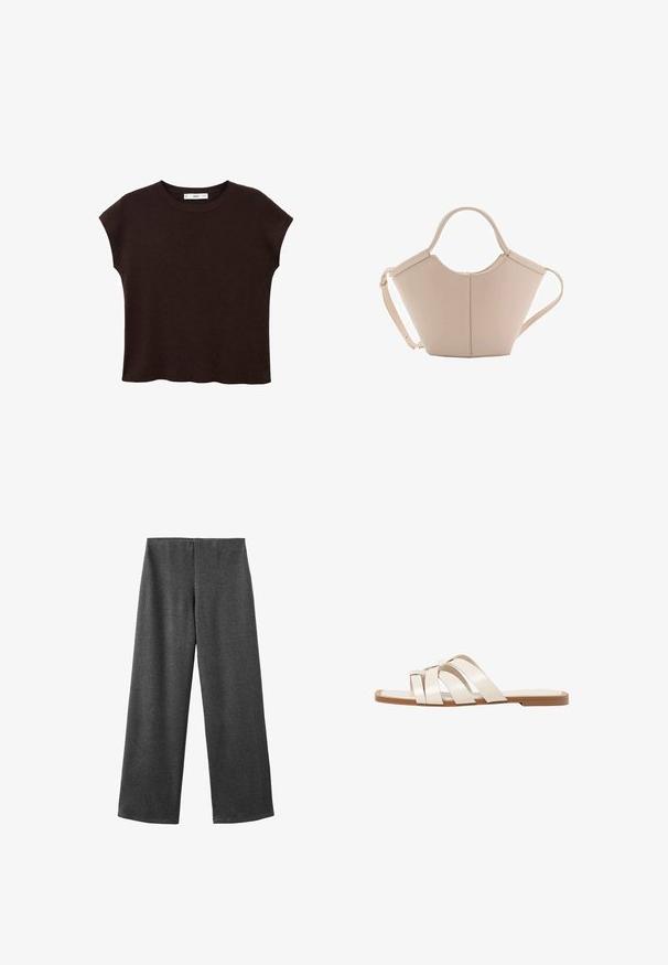 Hnedý krátky rukáv top s okrúhlym výstrihom, vyrobený z textúrovanej tkaniny. Má voľný strih a mierne zúžený lem. Čistý, minimalistický dizajn.; Široké nohavice z tmavosivej tkaniny s hladkou textúrou. Majú stredný pás a žiadne viditeľné zapínanie ani ozdoby.; Ploché sandále s hnedou gumovou podrážkou, navrhnuté s tromi prekrývajúcimi sa bielymi koženými popruhmi a malou mašličkou uprostred.; Béžová kožená kabelka s unikátnym tvarom, vybavená dvoma krátkymi uchami a jedným dlhým nastaviteľným popruhom. Hladký povrch s minimálnym kovovým príslušenstvom.