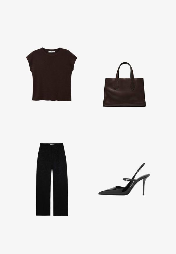 Maglietta corta marrone a maniche corte con scollatura rotonda, realizzata in tessuto strutturato. Presenta una vestibilità rilassata e un orlo leggermente ondulato. Design pulito e minimalista.; Pantaloni neri a gamba ampia con motivo floreale testurizzato, tasche frontali inclinate e vita regolare. Realizzati in un tessuto morbido.; Slingback in vernice nera con tacco a stiletto, punta affusolata e cinturino regolabile. Superficie liscia con finitura lucida.; Borsa a spalla in pelle marrone con due manici lunghi, forma rettangolare strutturata, texture liscia e dettagli di cucitura sottili.