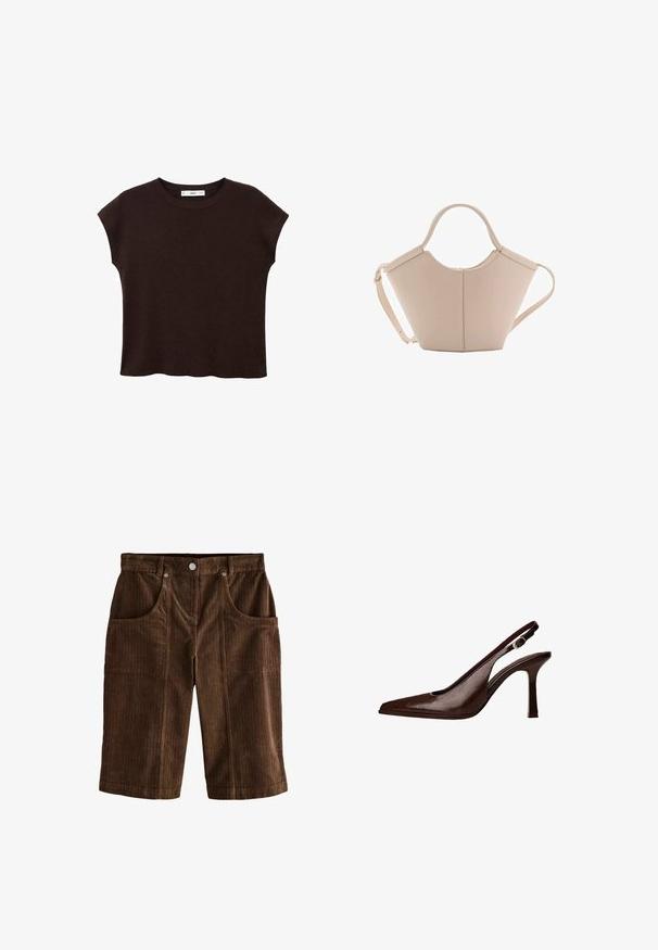 Braunes kurzärmliges Oberteil mit rundem Ausschnitt, aus strukturiertem Stoff gefertigt. Verfügt über eine lockere Passform und einen leicht gewellten Saum. Sauberes, minimalistisches Design.; Braune Cordshorts mit einem strukturierten vertikalen Streifenmuster, zwei Fronttaschen und einem Knopfverschluss am Bund.; Braune Leder-Slingback-Pumps mit spitzer Zehenform und dünnem Absatz. Sie verfügen über eine kleine Akzent-Schnalle am Riemen und eine glänzende Oberfläche.; Beige Lederhandtasche mit einer einzigartigen Form, die zwei kurze Henkel und einen langen verstellbaren Riemen aufweist. Glatte Textur mit minimalen Hardware-Elementen.