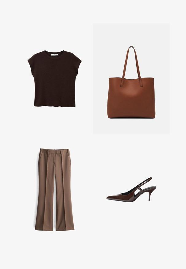 Haut marron à manches courtes avec un col rond, fabriqué en tissu texturé. Présente une coupe décontractée et un ourlet légèrement festonné. Design épuré et minimaliste.; Pantalons évasés marron en tissu structuré, avec des plis à l'avant, deux poches latérales et une taille standard, créant un look ajusté.; Escarpin en cuir verni marron avec un bout pointu, des découpes ouvertes et un talon fin. Comprend une sangle à boucle réglable.; Sac fourre-tout en cuir marron avec une texture lisse, design à ouverture supérieure et deux poignées pour le porter à l'épaule. Présente des coutures minimales et aucun matériel visible.