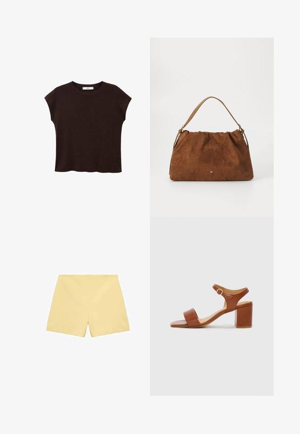Maglietta corta marrone a maniche corte con scollatura rotonda, realizzata in tessuto strutturato. Presenta una vestibilità rilassata e un orlo leggermente ondulato. Design pulito e minimalista.; Mango Shorts - light yellow; Sandalo con tacco in pelle marrone, con punta quadrata, cinturino alla caviglia regolabile e tacco a blocco. Texture liscia e design minimale.; Borsa in suede marrone con un design arricciato, dotata di una singola tracolla in pelle beige e di un sottile logo dorato dettagliato sulla parte anteriore.