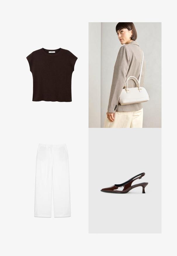 Maglietta corta marrone a maniche corte con scollatura rotonda, realizzata in tessuto strutturato. Presenta una vestibilità rilassata e un orlo leggermente ondulato. Design pulito e minimalista.; Pantaloni bianchi a gamba larga realizzati in tessuto liscio, dotati di tasche anteriori e una vita frontale piatta con passanti per la cintura.; Scarpa slingback in pelle verniciata marrone con punta affusolata e tacco moderato. Presenta una fascia con fibbia per una calzata sicura. Tessuto liscio.; Borsa a mano bianca strutturata con manici corti e tracolla, dotata di dettagli in metallo dorato e materiale testurizzato, esposta su uno sfondo grigio.