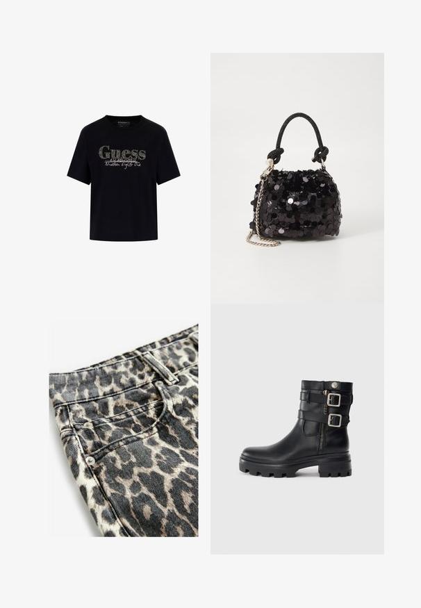 Czarny bawełniany t-shirt z okrągłym dekoltem i krótkimi rękawami. Posiada błyszczące logo "Guess" oraz napis "Established Nineteen Eighty One".; Jeans w wzór zwierzęcy w beżowo-czarnym kolorze, wykonane z denimu o teksturowym wykończeniu, z detalami w postaci srebrnych elementów i szwów.; Czarne skórzane botki za kostkę z podwójnymi klamrami, zamek błyskawiczny, masywna podeszwa i gładka tekstura. Posiadają surowy, stylowy design.; Czarna mini torebka z cekinami, z węzłowym, teksturowanym paskiem i srebrnym łańcuchem. O zaokrąglonym kształcie z marszczoną górą i refleksyjnymi detalami.