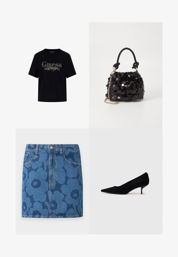 Must vaakott T-särk ümarate kaelaaukude ja lühikeste varrukatega. Omab sädelevat "Guess" logo ja tekst "Established Nineteen Eighty One".; Tume sinise lillemustriga teksamini seelik, ees taskud, vööaasad ja vööümber nööpkinnis.; Must musta kõrge kontsaga king, millel on terav varvas ja õhuke, madal konts. Sile tekstuur ja sujuv disain, ilma nähtava riistvarata.; Must have mustrõngus mustal sädelev mini käekotil on sõlme tekstuuriga rihm ja hõbedane ketis. Ümar kuju, kokku kogutud ülaosa ja peegeldav detail.