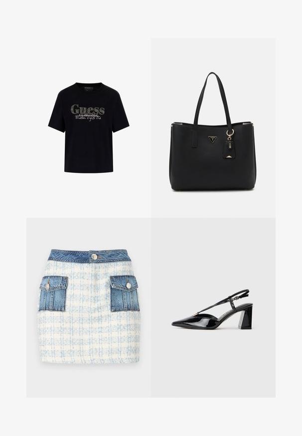 Zwarte katoenen t-shirt met een ronde halslijn en korte mouwen. Beschikt over een glinsterend "Guess" logo en de tekst "Opgericht negentien eenentachtig".; Denim mini-jurk met een lichtblauw en wit ruitpatroon, voorzien van twee voorzakken met denimaccenten en een knoopsluiting bij de taille.; Zwarte gepatineerde lederen slingback hakschoenen met een spitse neus, verstelbare band en stevige rechthoekige hak.; Zwarte tote bag van gestructureerd synthetisch materiaal, met twee handvatten, een gouden logo plaatje en een klein label met accentdetail.