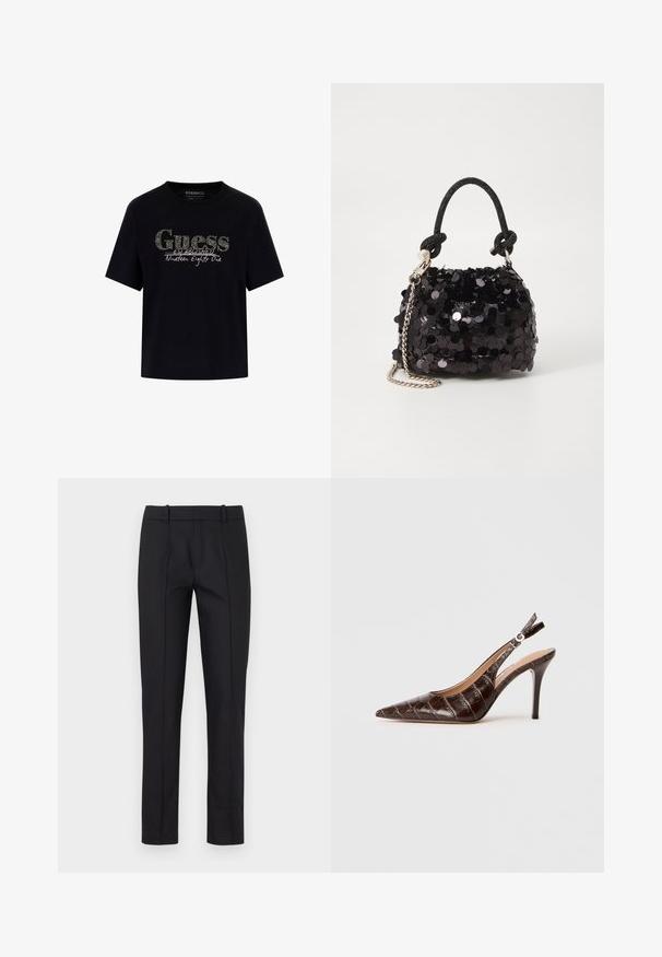 Črna bombažna majica s krožnim ovratnikom in kratkimi rokavi. Ima bleščeč logotip "Guess" in besedilo "Ustanovljeno devetnajst sto ena".; Črne elegantne hlače s slim fit krojem, ravnim sprednjim delom in dvema zadnjima žepoma. Narejene iz gladkega materiala z diskretnim šivom ob šivih.; Rjava, usnjena slingback čevlji s kroko embosiranjem, z nazobčanimi prsti, odprtimi stranmi in tanek visokimi petami. Zasnovani z nastavljanjem z zaponko.; Črna mini torbica s palčkami iz bleščic, z vozlanim teksturiranim trakom in srebrnima verigama. Okrogla oblika z nabranim vrhom in odsevnimi detajli.