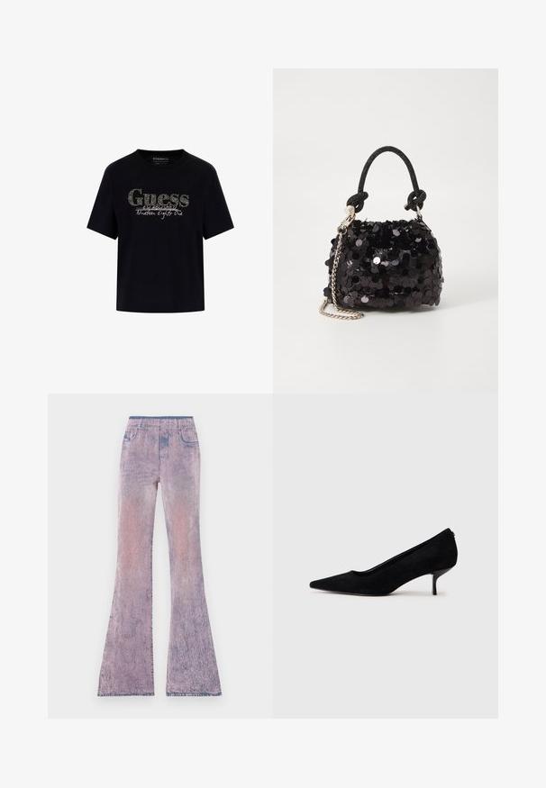 Fekete pamut póló kerek nyakkal és rövid ujjakkal. Csillogó "Guess" logóval és "Established Nineteen Eighty One" felirattal rendelkezik.; Pasztell rózsaszín és lila színátmenetes, bokáig érő farmernadrág, elhalványult textúrával. Rugalmas derékpánttal és öt zsebes dizájnnal rendelkezik.; Fekete velúr magassarkú cipő hegyes orral és vékony, alacsony sarokkal. Simább textúrájú, letisztult dizájn, amelyen nincsenek látható fém alkatrészek.; Fekete flitteres mini kézitáska csomózott textúrájú pánttal és ezüst lánccal. Lekerekített forma, ráncolt tetejével és fényvisszaverő részletekkel.