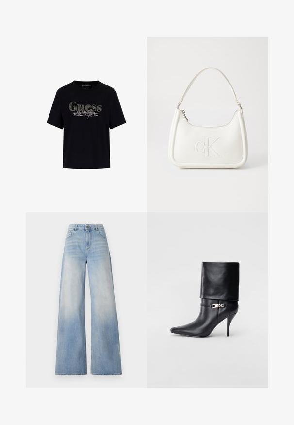 Mustan puuvillaisen t-paidan pyöreä pääntie ja lyhyet hihat. Mukana kimaltava "Guess" -logo ja teksti "Established Nineteen Eighty One".; Vaaleansiniset leveälahkeiset farkut, joissa on korkeaa vyötäröä, haalistumaa edessä ja klassinen viiden taskun muotoilu napilla.; Musta nahkasaapas nilkkapituudella, teräväkärkinen, korkea stiletto-korko, käännettävä varsi ja kultainen koristeellinen solki nilkassa.; Valkoinen nahkalaukku, jossa on kaareva muotoilu, etupuolella kohokuvioitu "CK" -logo ja yksi olkahihna. Vetoketjukiinnitys ylhäällä.