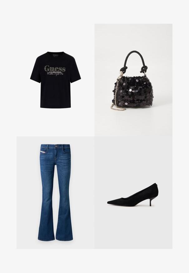 Camiseta de algodón negra con cuello redondo y mangas cortas. Presenta un logo brillante de "Guess" y el texto "Establecido mil novecientos ochenta y uno".; Jeans de mezclilla azul acampanados con una textura suave, cinco bolsillos y cierre de botón. Presenta un ligero desgastado en la parte frontal.; Zapato de tacón alto de ante negro con punta afilada y un tacón delgado y bajo. Textura suave con un diseño elegante, sin hardware visible.; Bolso de mano mini negro con lentejuelas, con una correa de textura anudada y cadena plateada. Forma redondeada con parte superior fruncida y detalles reflectantes.